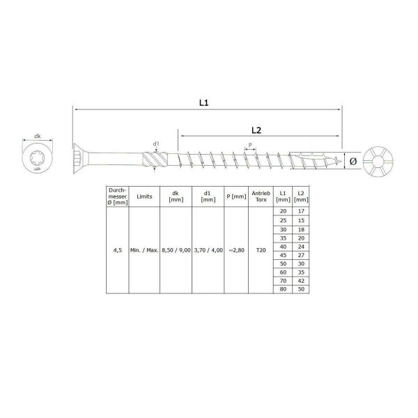 Holzbauschrauben Edelstahl Senkkopf A2 Großpack 4,5 x 50 mm - 200 Stk